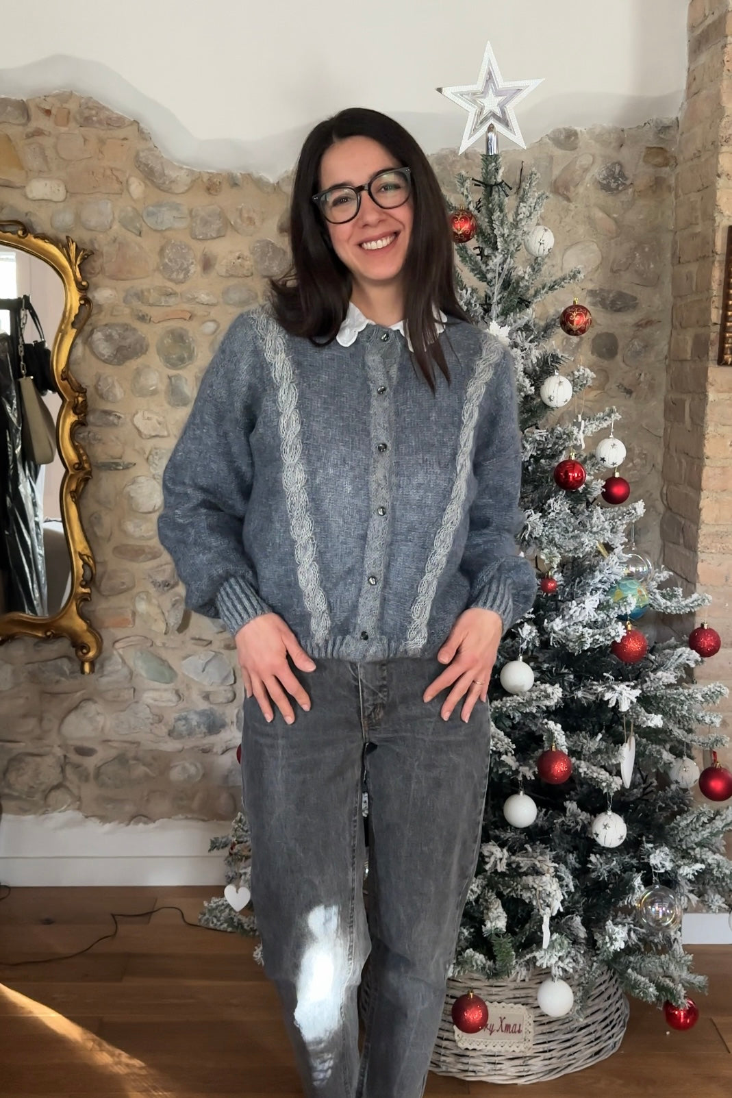Cardigan Le Bambole Anni ‘80 Misto Superkid Mohair Blu e Bianco Tg.44/46