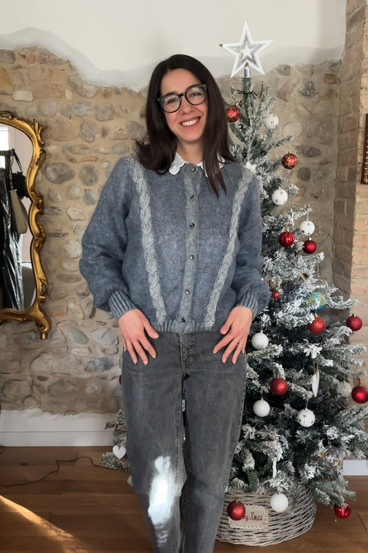 Cardigan Le Bambole Anni ‘80 Misto Superkid Mohair Blu e Bianco Tg.44/46