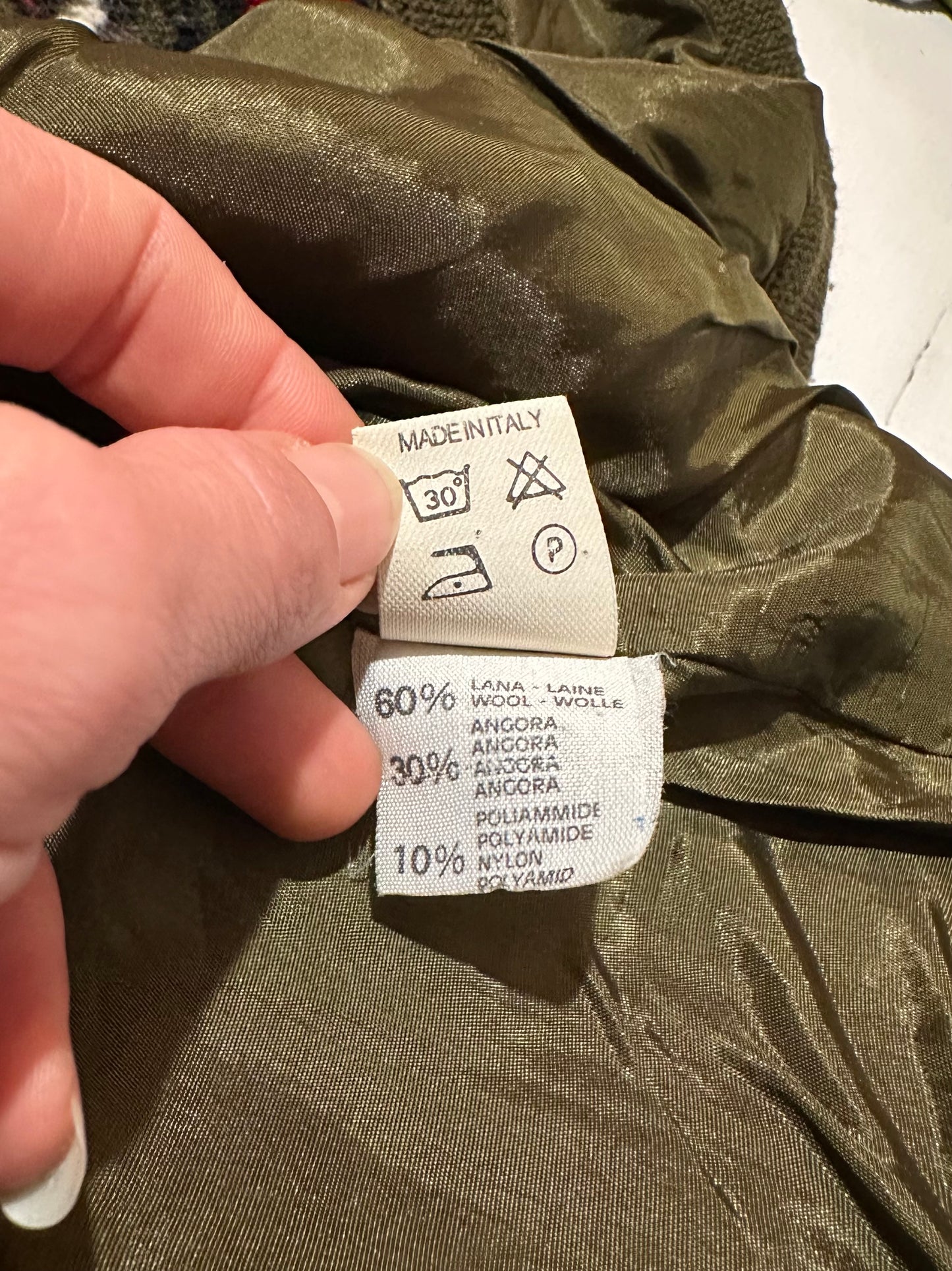 Cardigan Vintage Jacquard in Lana e Angora Verde Oliva Fantasia Bordeaux e Panna