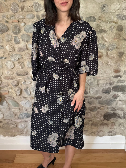 Abito Vintage Anni ‘80 Sartoriale in Viscosa Nero con Fiori Tg.46/48