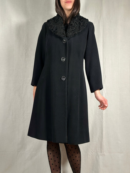 Cappotto Vintage Fine Anni ‘50 Sartoriale in Stile 40es in Lana con Collo in Astrakan Nero