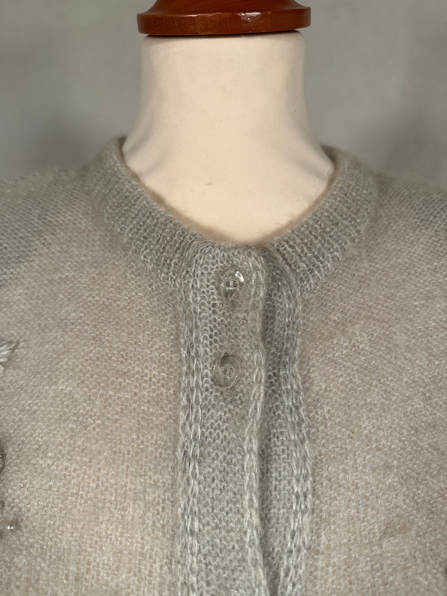 Cardigan Vintage Anni ‘80 Ricamato in Misto Mohair Verde Acqua