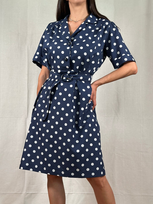 Abito Vintage Anni ‘80 Blu a Pois Bianchi