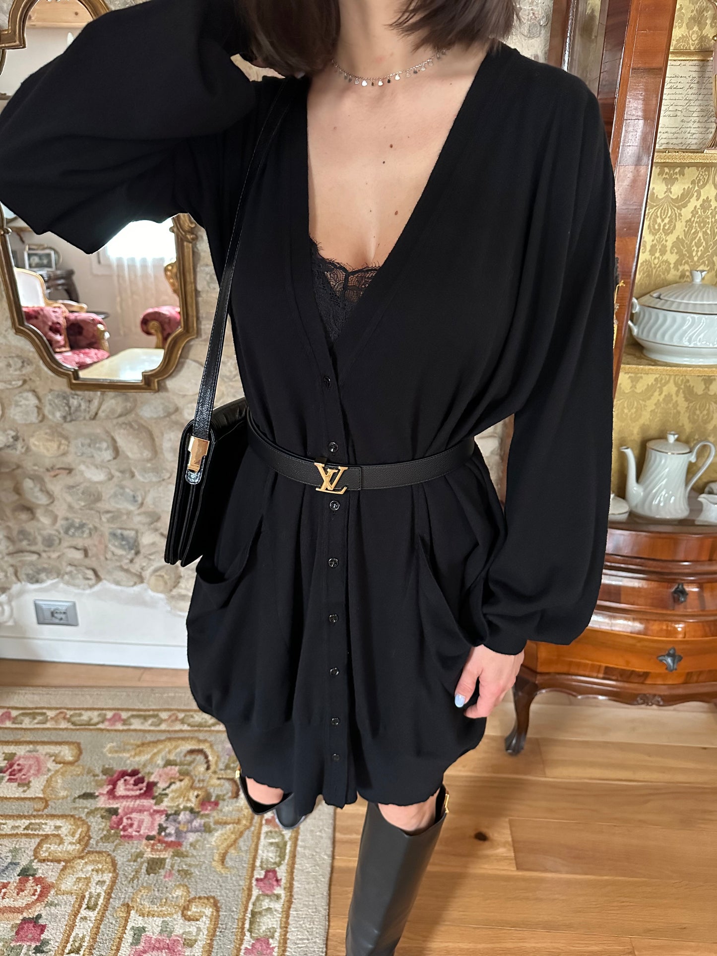 Cardigan Yves Saint Laurent Lungo in Lana Nero Tg.Unica