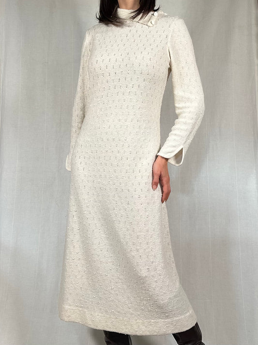 Abito Midi Anni ‘70/‘80 Nuovo Misto Lana Panna Tg.40/42