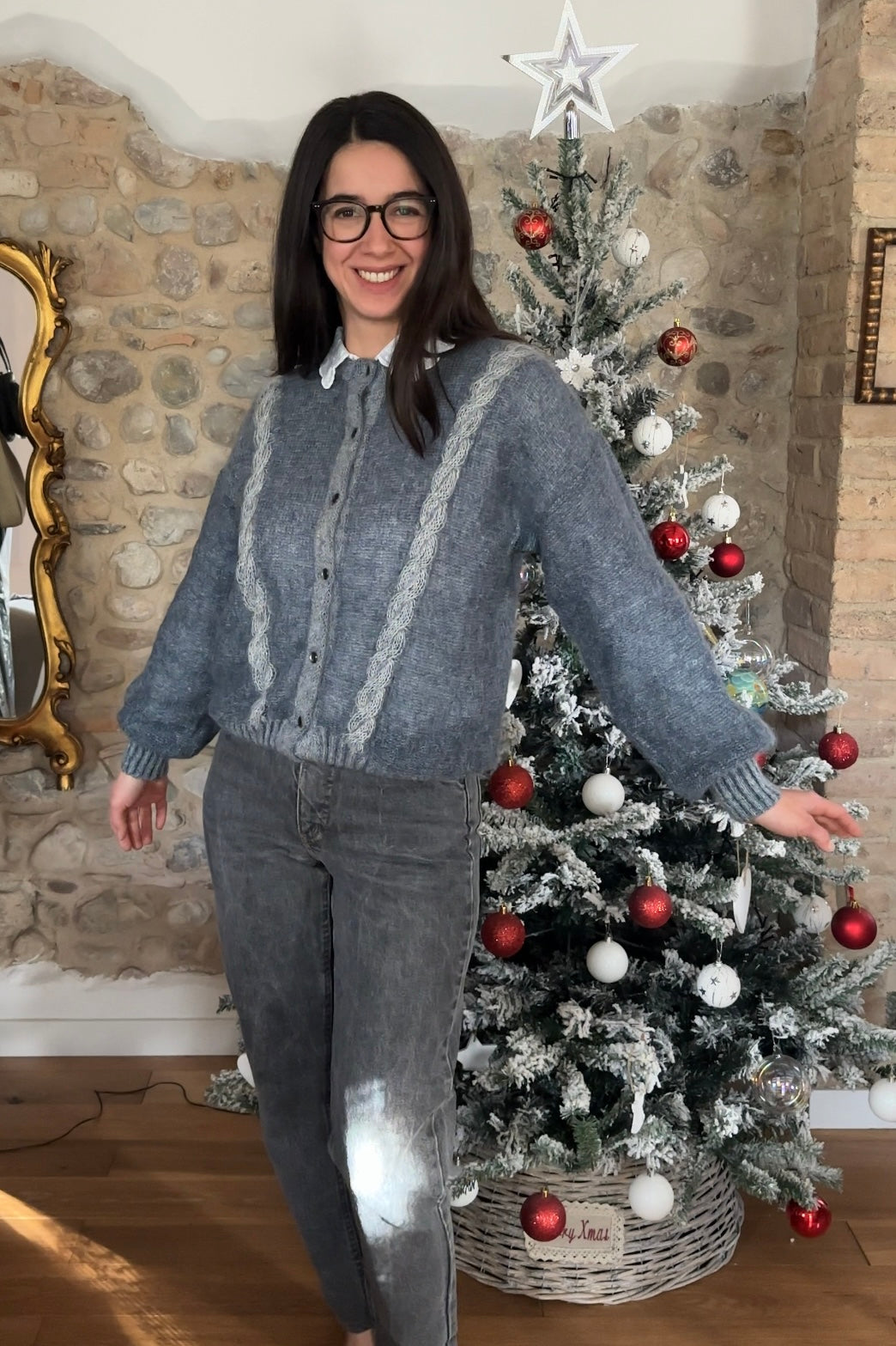 Cardigan Le Bambole Anni ‘80 Misto Superkid Mohair Blu e Bianco Tg.44/46