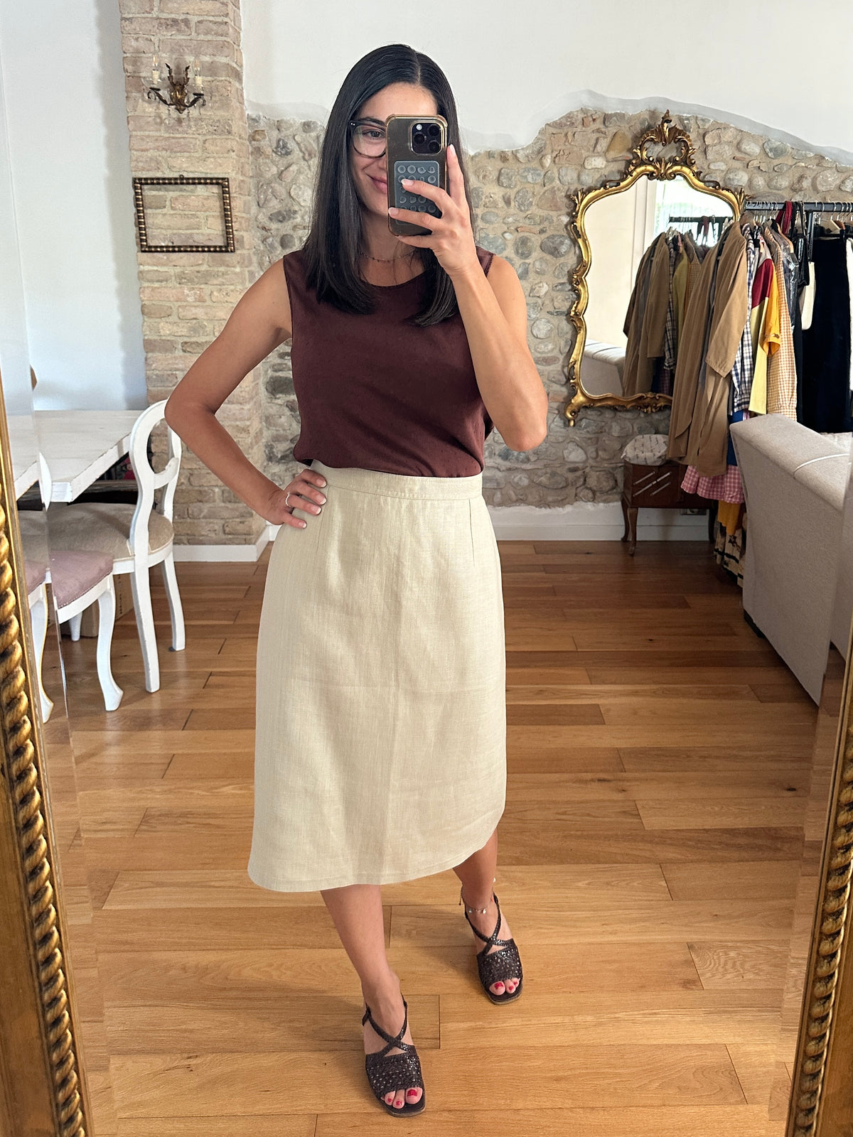 Gonna Valentino MissV Vintage Anni ‘80 in Lino Beige Tg.44