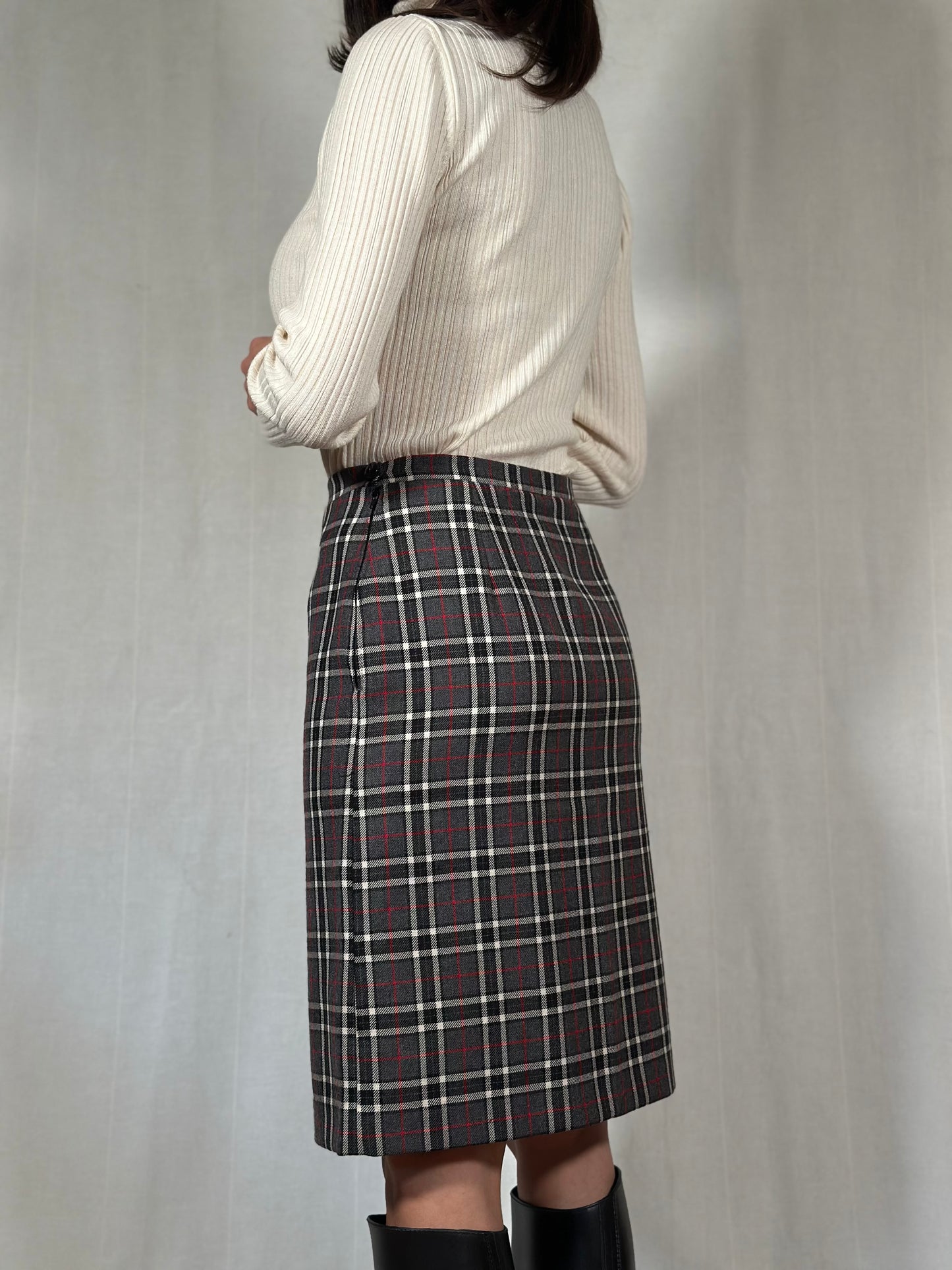 Gonna Sartoriale Anni ‘70/‘80 in Lana Tartan Grigia