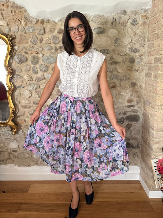Gonna Vintage Sartoriale a Ruota Anni ‘80 in Cotone a Fiori Tg.42