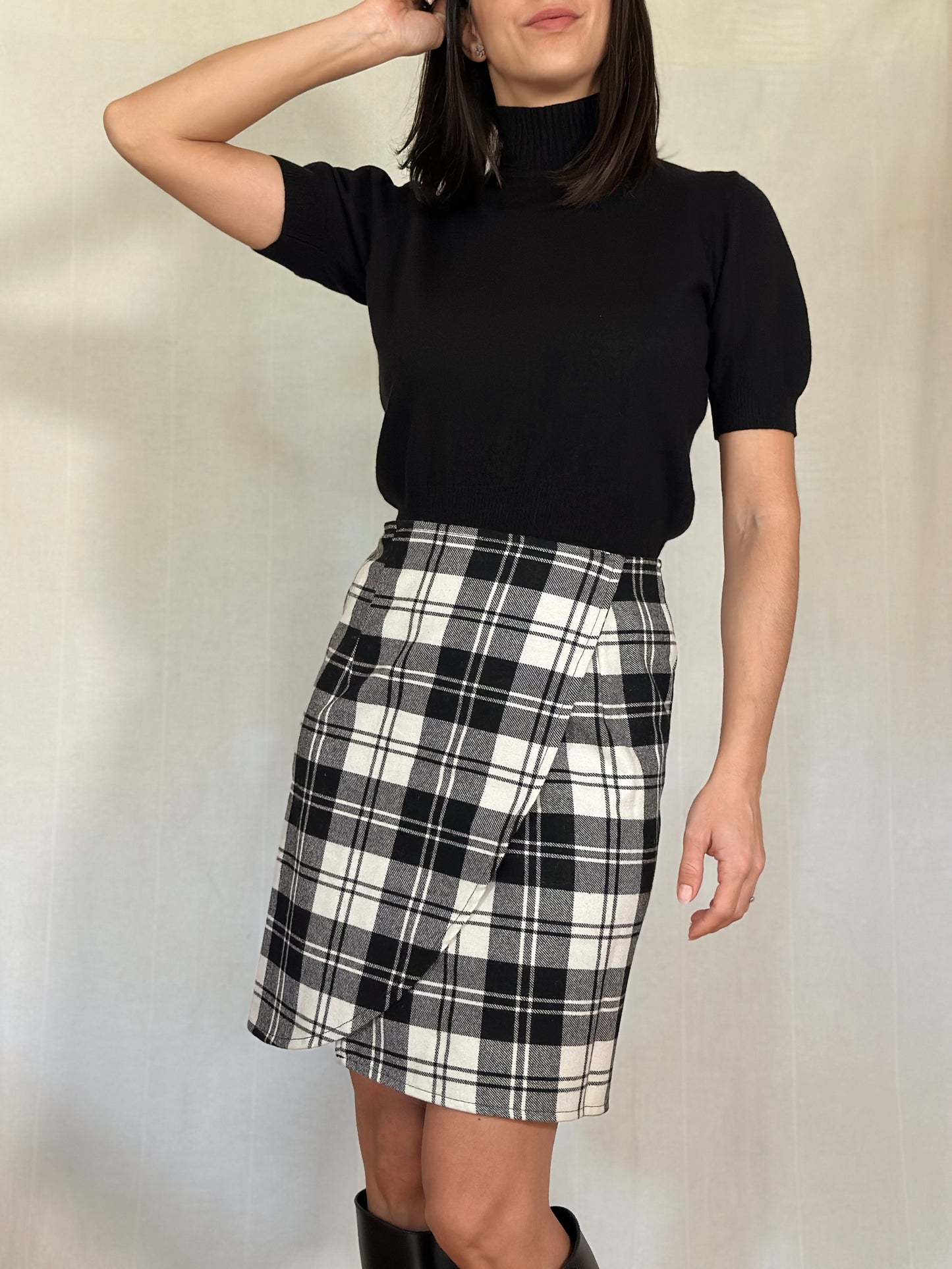 Gonna Anni ‘80 a Quadri Tartan Bianco e Nero Misto Lana tg.40/42