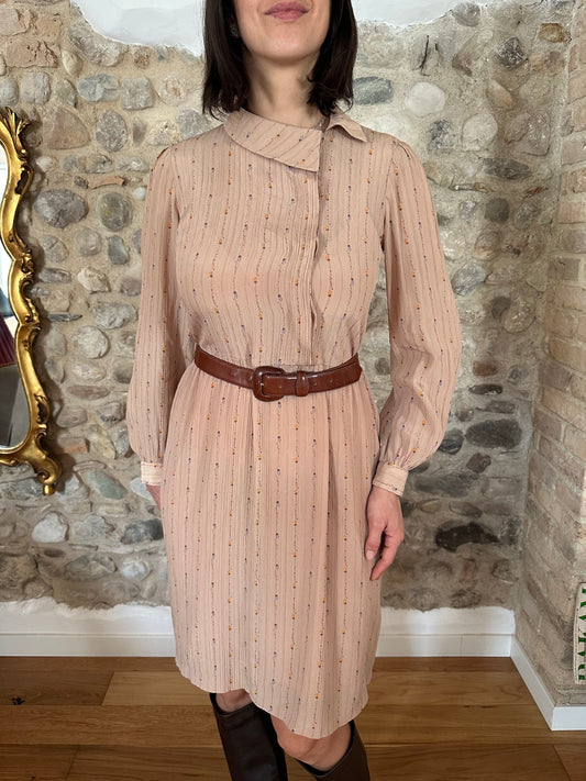 Abito Vintage Anni ‘70 Sartoriale in Seta Rosa Antico con Fiori Tg.42