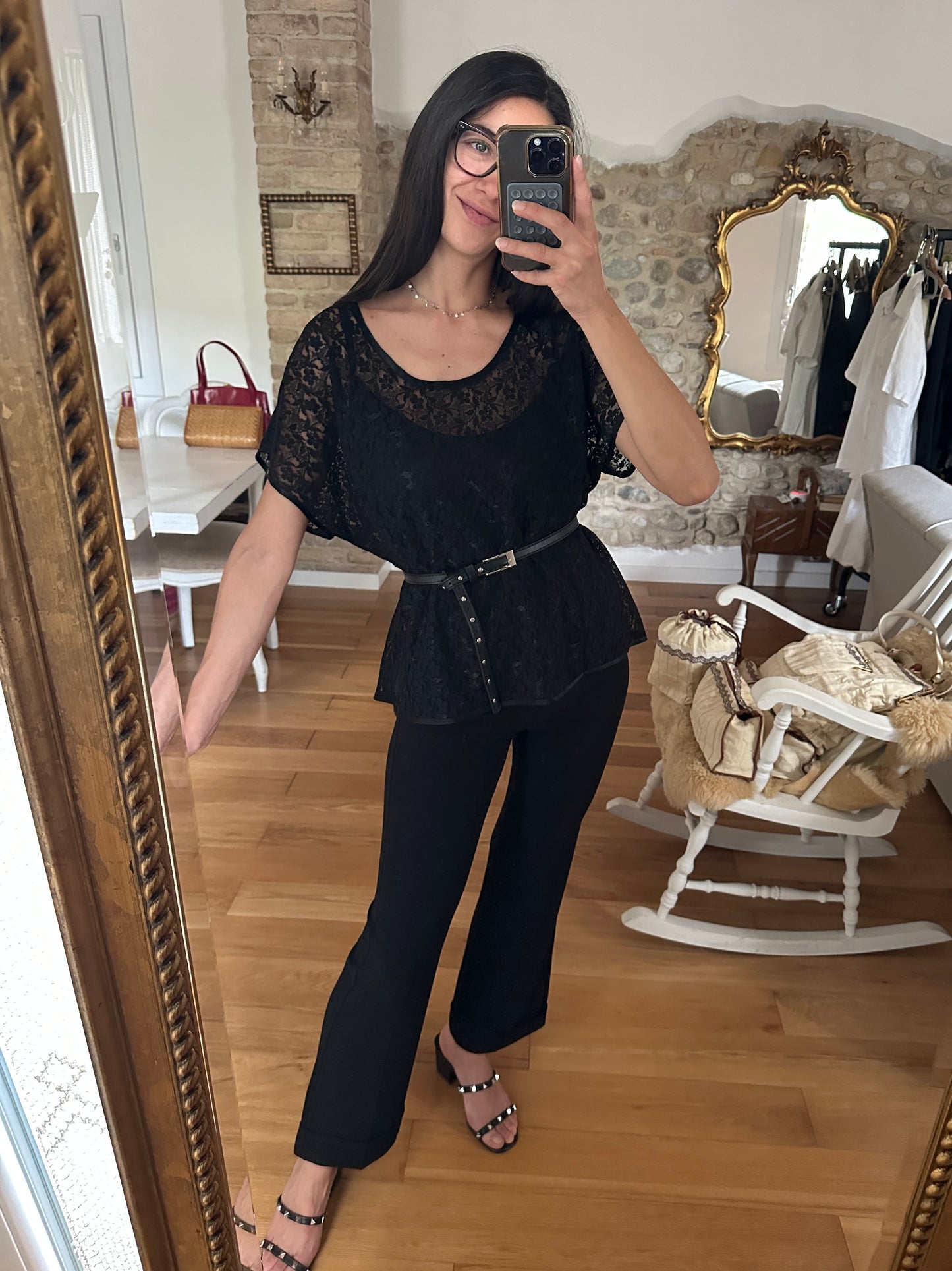 Blusa Anni ‘80 Sartoriale in Pizzo Nera