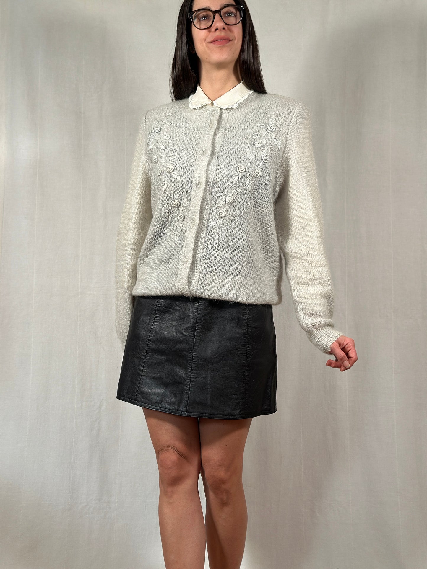 Cardigan Vintage Anni ‘80 Ricamato in Misto Mohair Verde Acqua