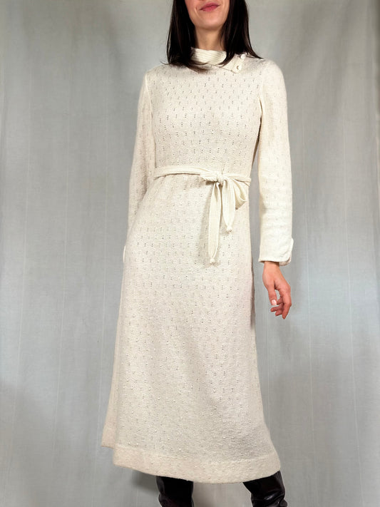 Abito Midi Anni ‘70/‘80 Nuovo Misto Lana Panna Tg.40/42