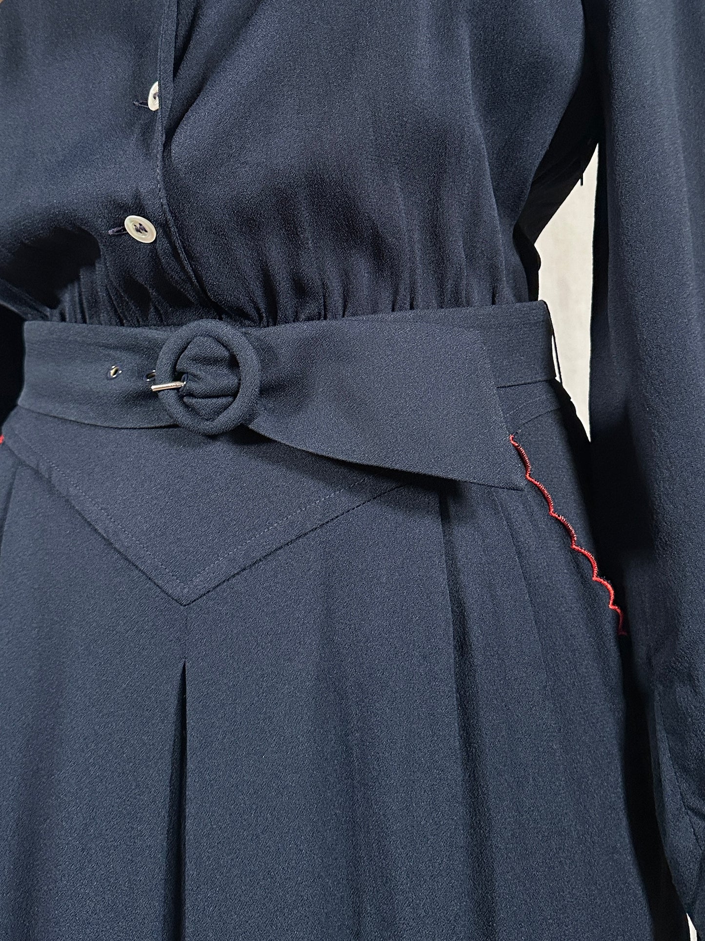 Abito Vintage Anni ‘70 in Viscosa Blu con Profili Rossi