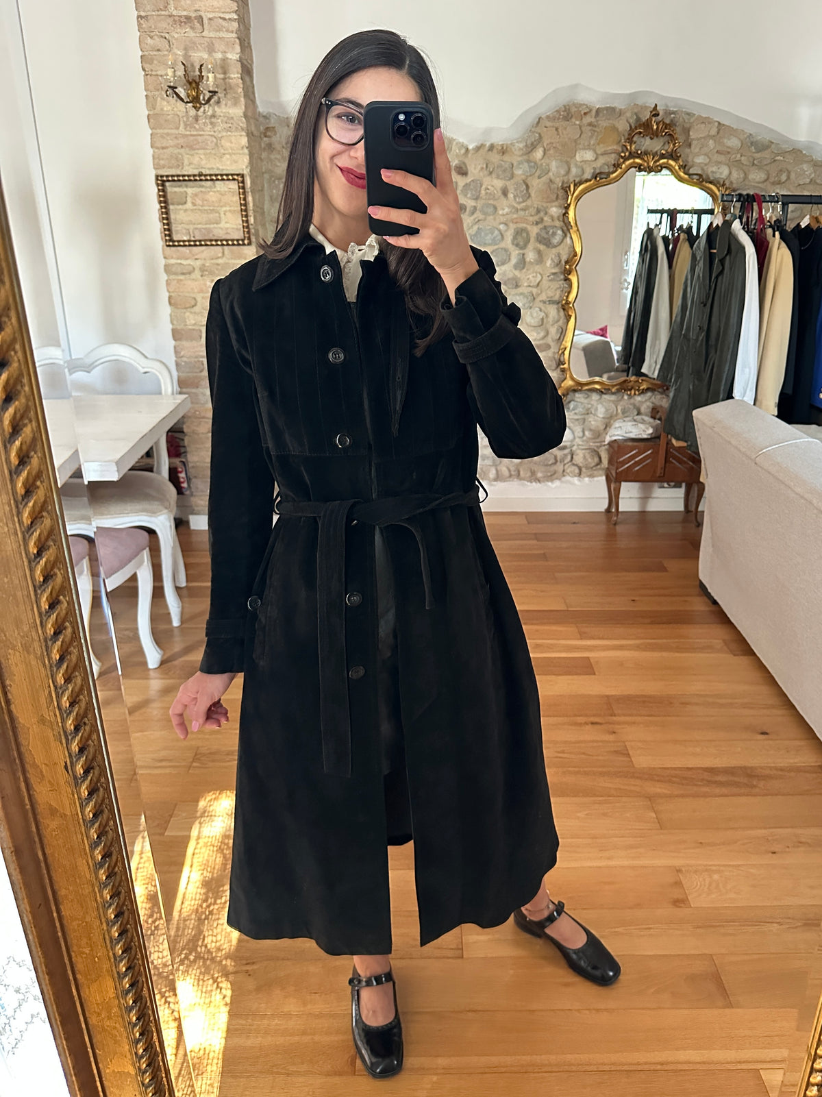 Trench Vintage Anni ‘70 in Pelle Scamosciata Nero