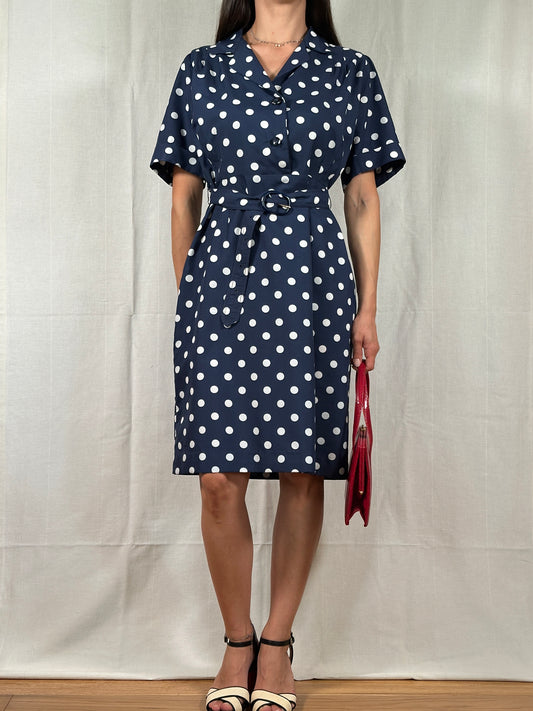 Abito Vintage Anni ‘80 Blu a Pois Bianchi