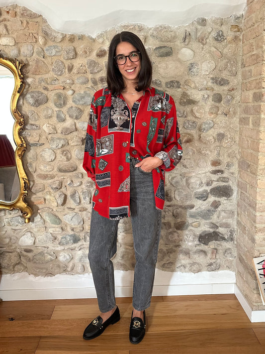 Camicia Vintage Anni ‘80 in Viscosa Rossa Fantasia Tg.Fino 56