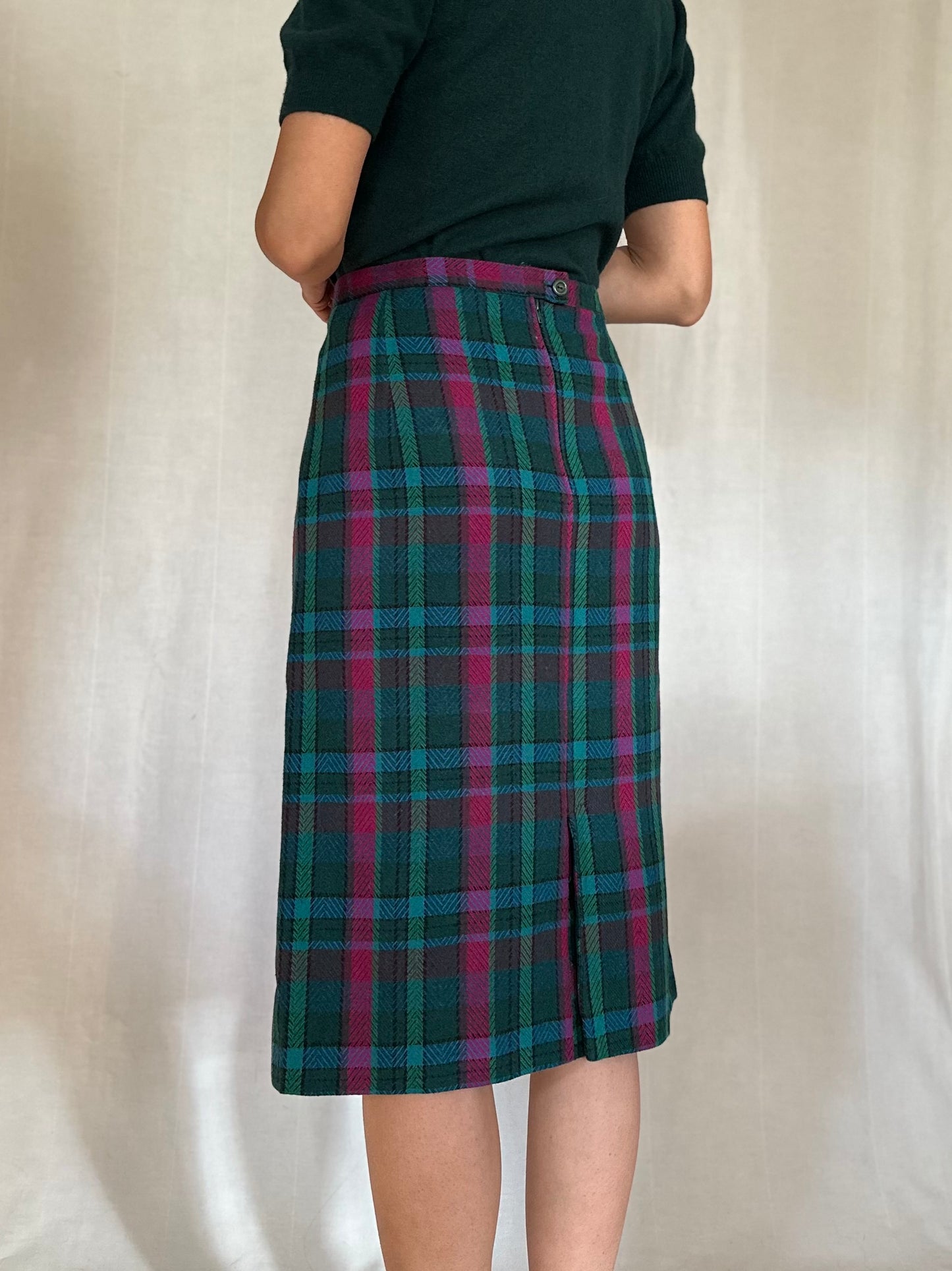 Gonna Tartan Vintage Midi Misto Lana Verde e Fucsia