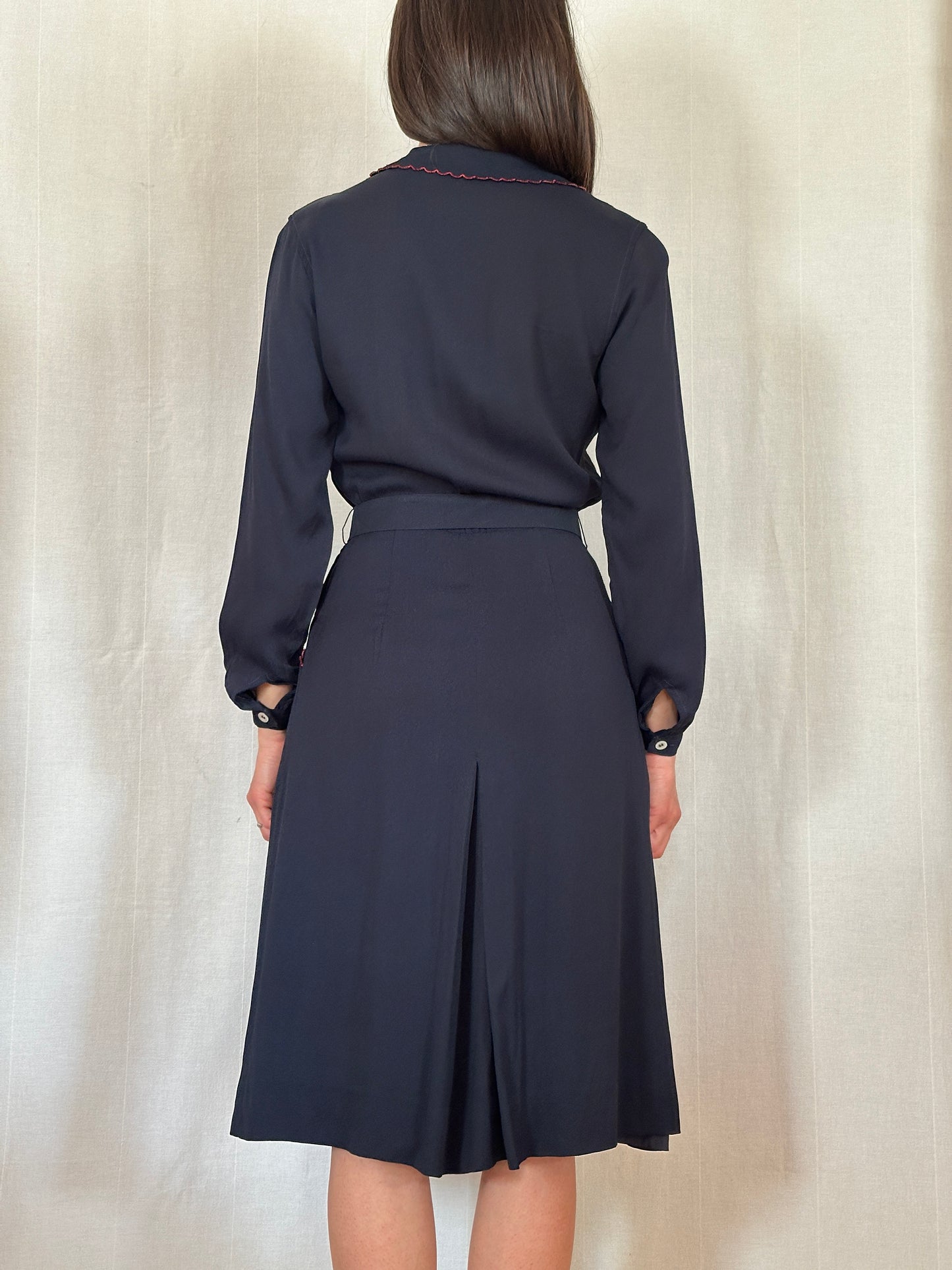 Abito Vintage Anni ‘70 in Viscosa Blu con Profili Rossi