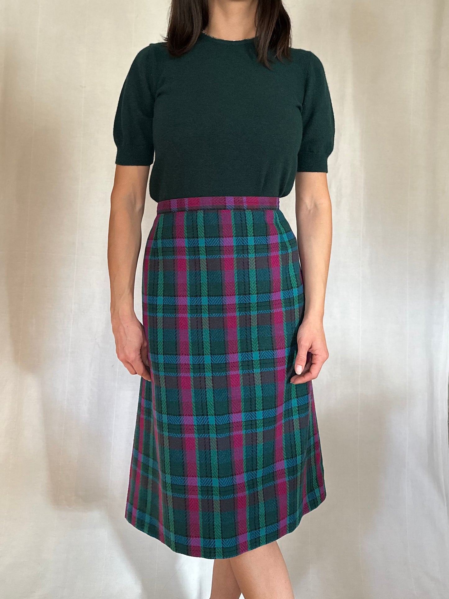 Gonna Tartan Vintage Midi Misto Lana Verde e Fucsia