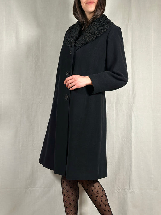 Cappotto Vintage Fine Anni ‘50 Sartoriale in Stile 40es in Lana con Collo in Astrakan Nero